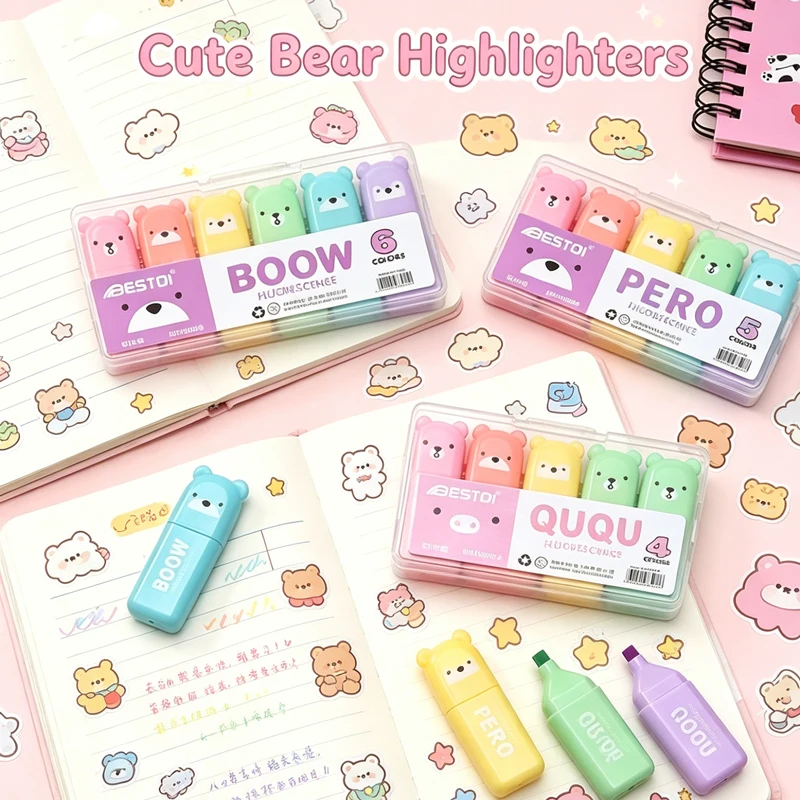 Kawaii Bear Highlighter Pens S - Pastel Highlighter Set Double Ended recension och pris